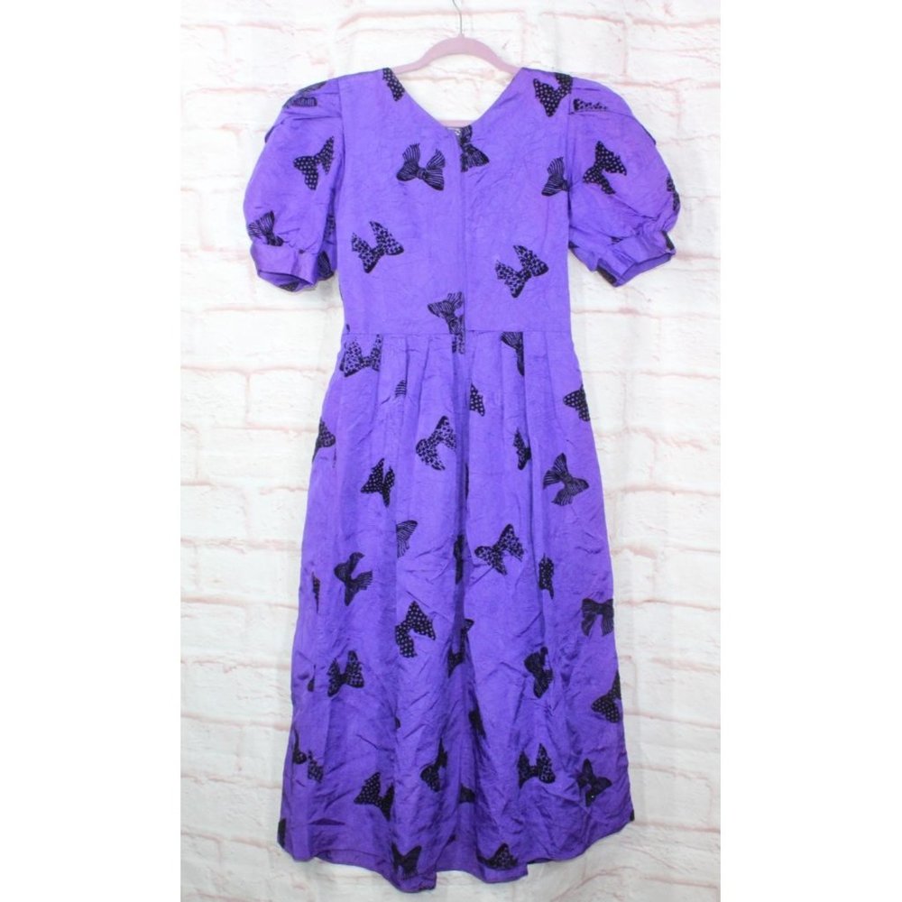 Vintage Karin Stevens Blue Acetate Bow Puff Sleeve Fit and Flare Dress Size 6 - Picture 4 of 9